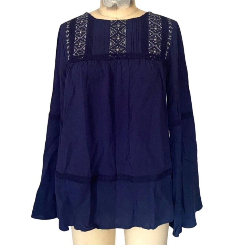 Knox Rose Navy Blue Embroidered Long Sleeve Blouse Size S boho fall winter